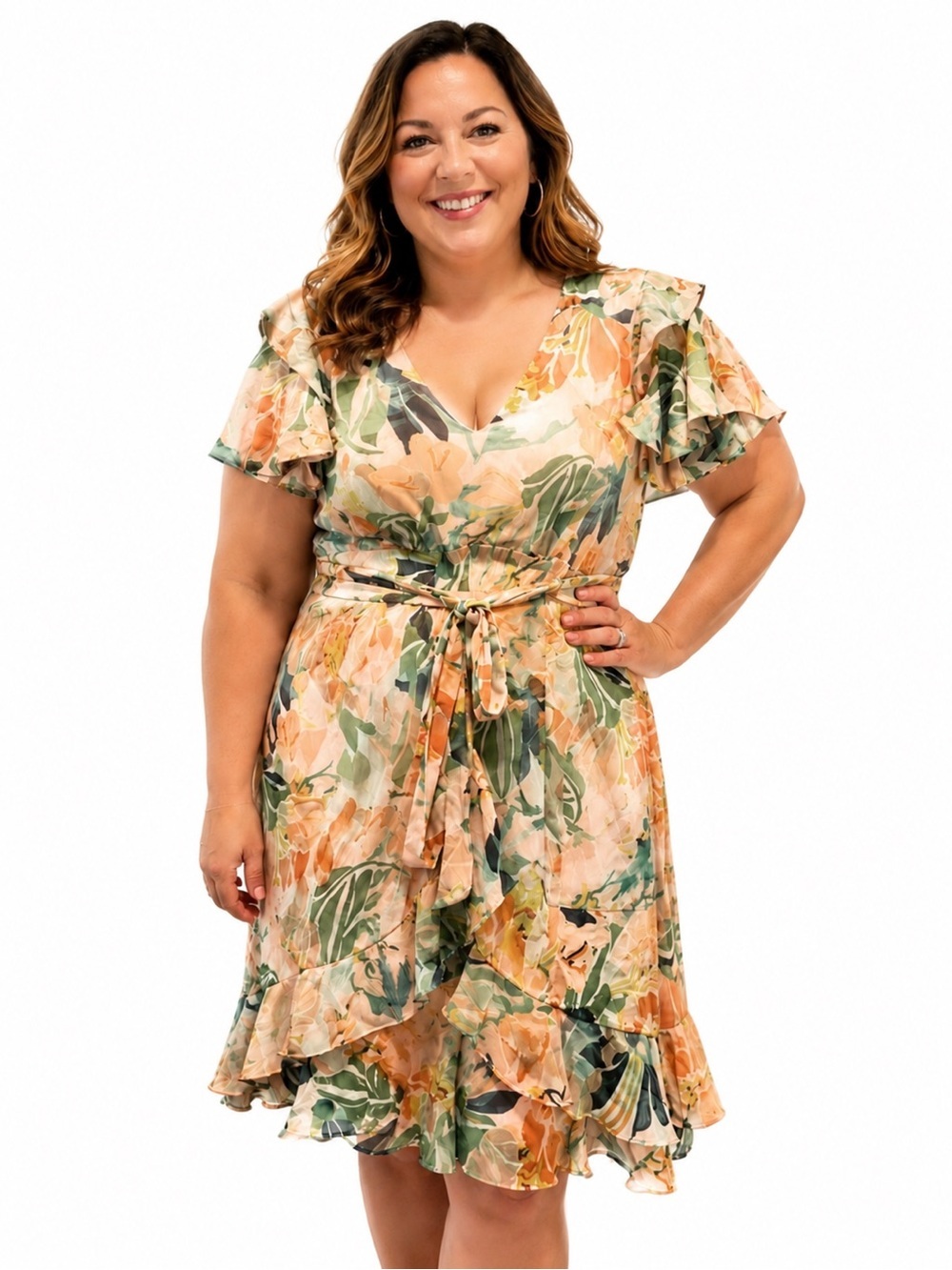 City Chic Floral Wrap Midi Dress - Peach & Green